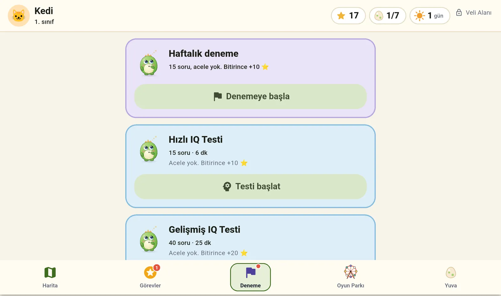 Deneme sekmesi: haftalık deneme, Hızlı ve Gelişmiş IQ testi.