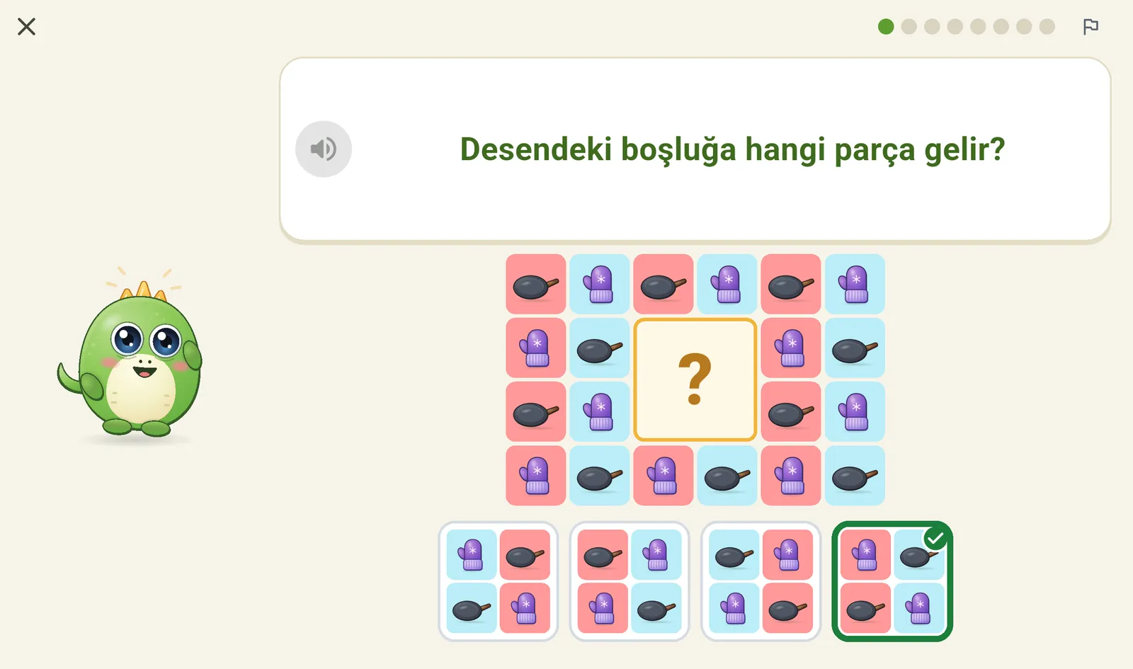 Doğru cevapta Dahicik sevinir, seçilen kartta yeşil onay işareti.