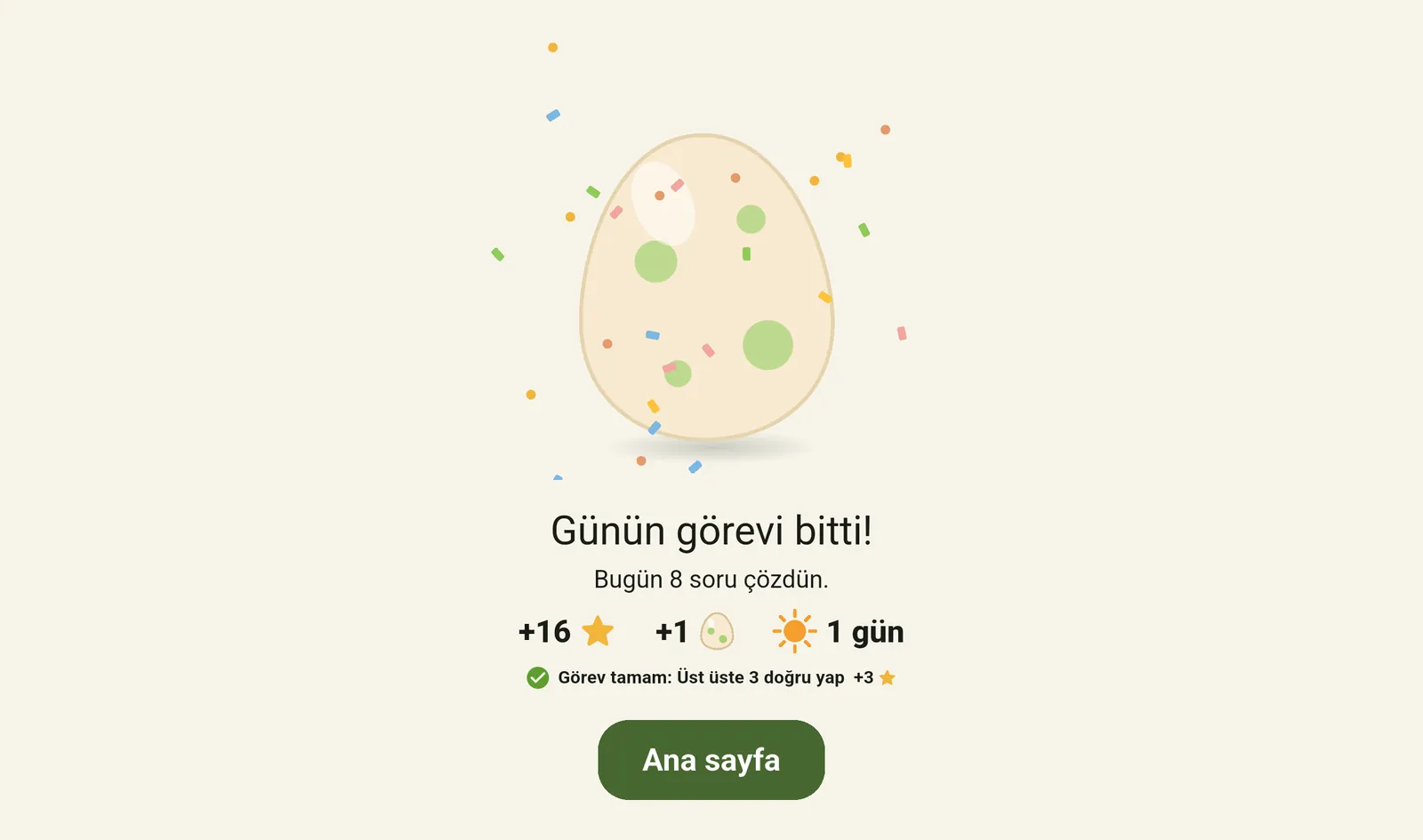 Günün görevi bitti ekranı: yıldızlar, yumurta ve seri.