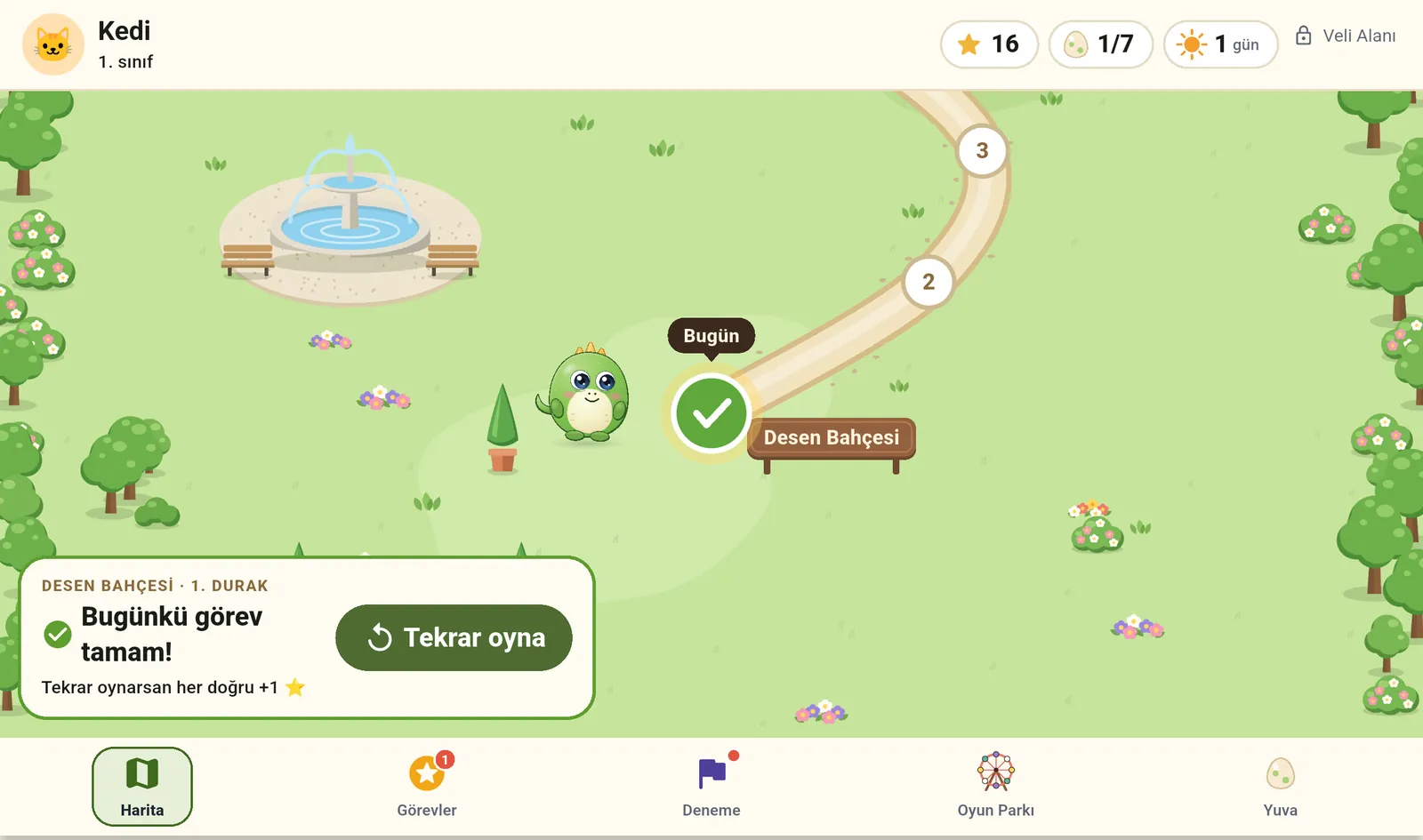 Uygulamanın haritası: Desen Bahçesi'nde fıskiye, yol üstünde numaralı duraklar ve Dahicik.