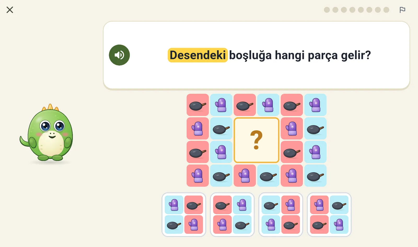 Uygulamada bir desen sorusu: solda Dahicik, üstte okunan yönerge, altta dört seçenek.
